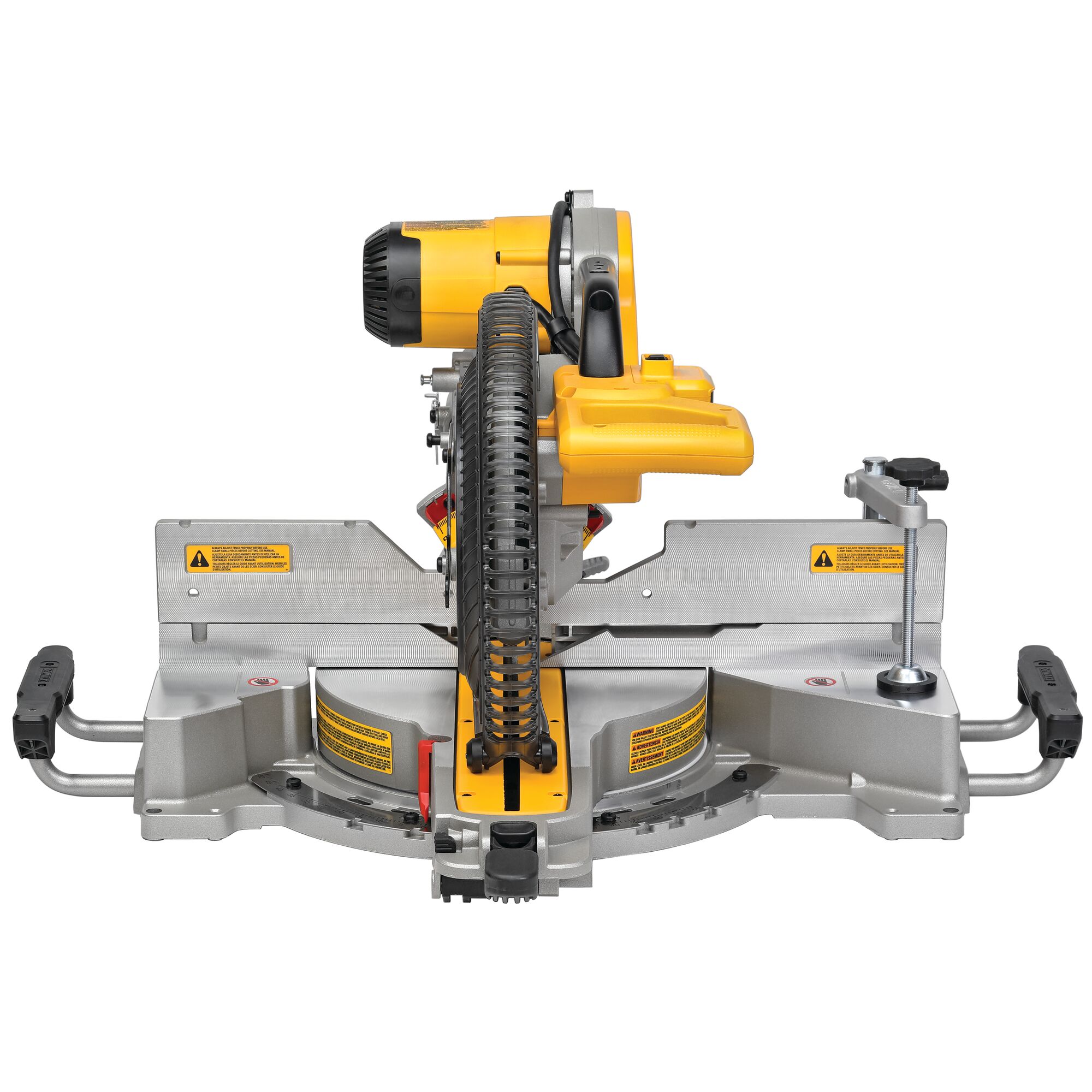 Front view of a DEWALT DWS780 miter saw, featuring a yellow and silver design, with a circular blade in the center and safety warning labels visible on the base and fence.