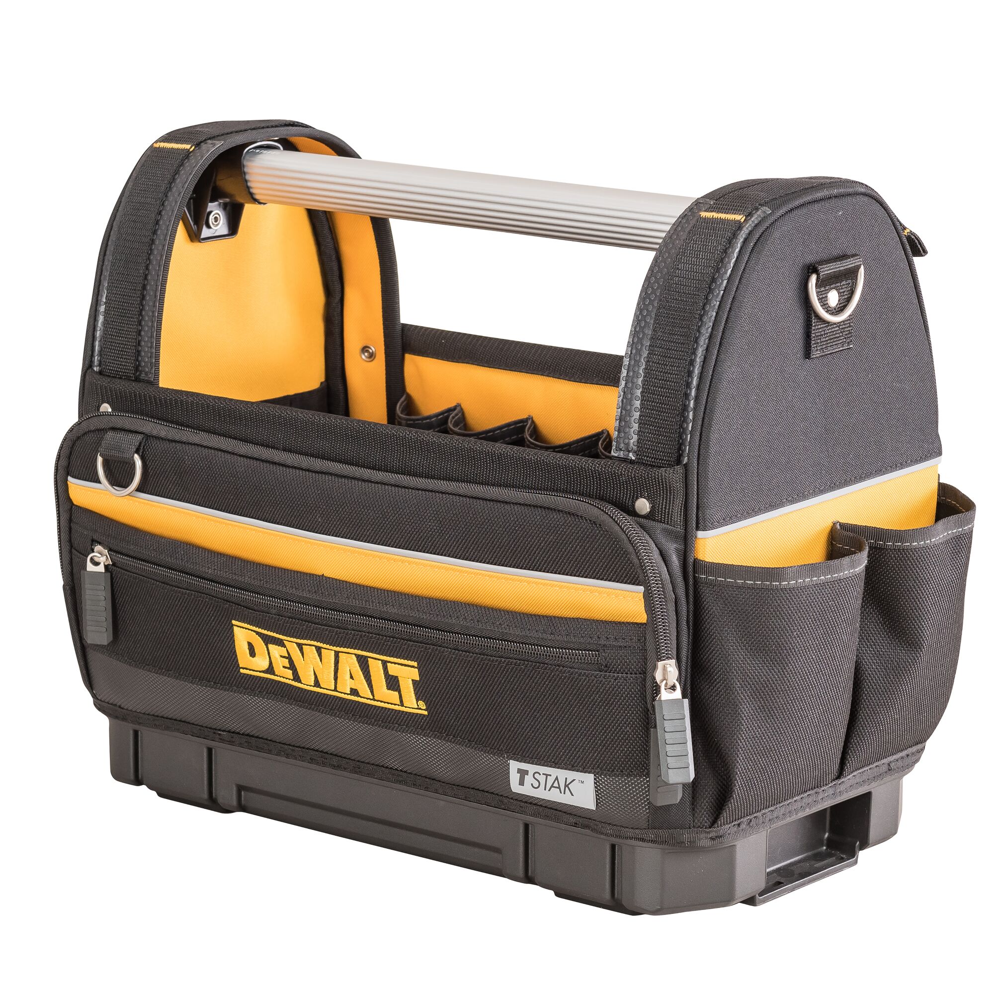 A DEWALT branded black and yellow tool bag with multiple pockets, a sturdy handle, and zippered compartments. The bag is designed for organizing and carrying tools.
