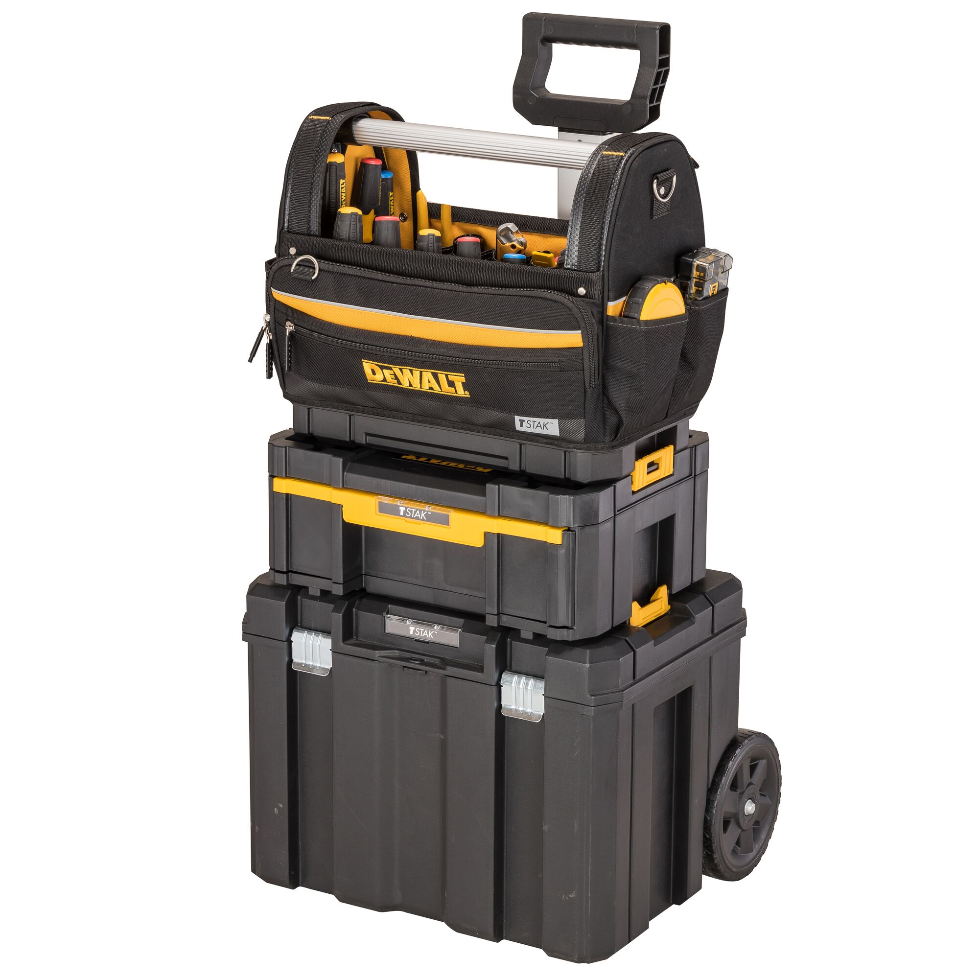 A DEWALT mobile tool storage system consisting of a black and yellow soft-sided tool bag on top of two hard plastic toolboxes with yellow accents, all stacked and mounted on wheels for easy transportation.