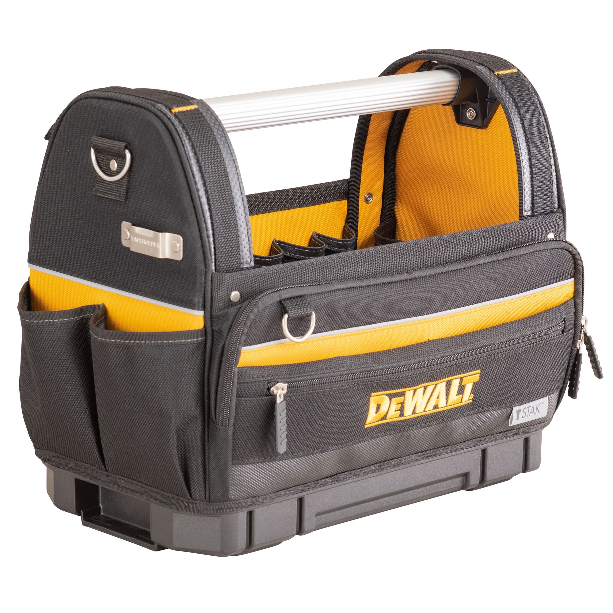 A DEWALT-branded black and yellow open tool bag with multiple pockets, a sturdy aluminium handle, front zippered compartment, and a hard base. The bag is suitable for organizing and carrying tools.