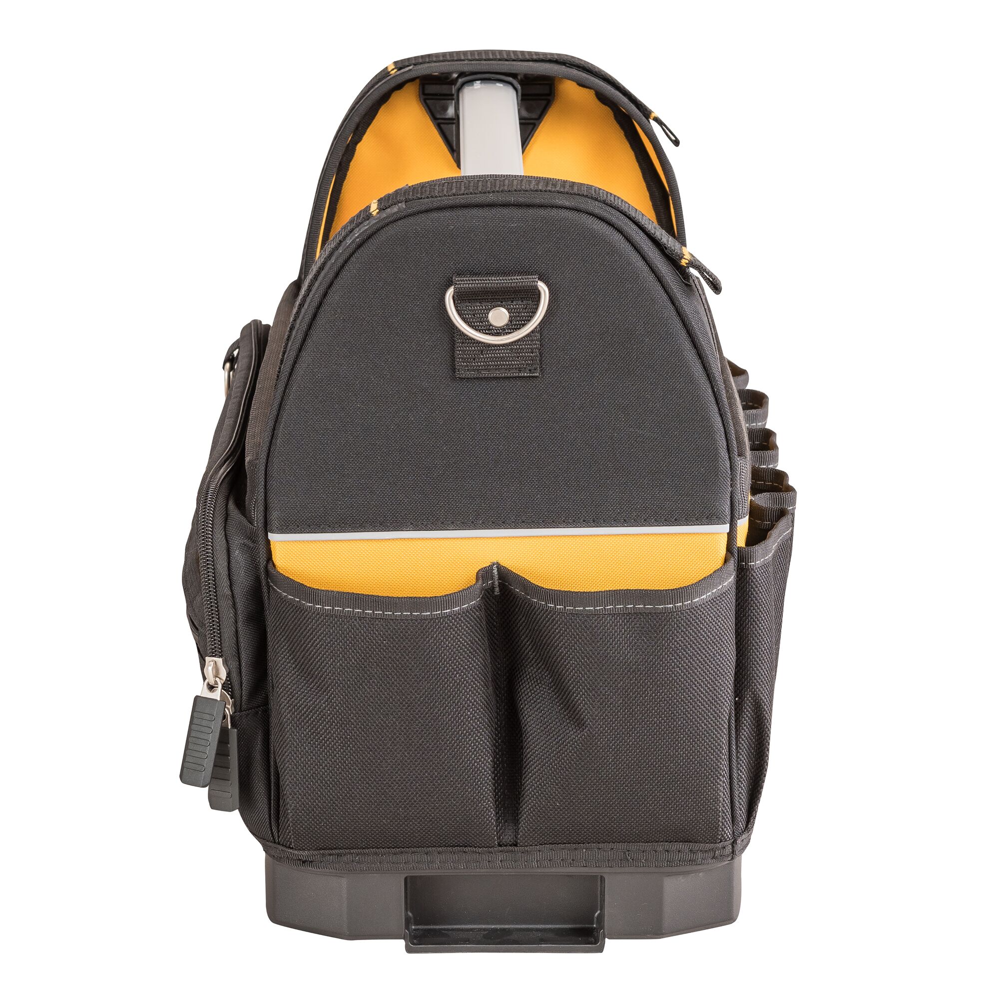 Front view of a DEWALT black and yellow tool bag with multiple pockets and a zipper compartment, designed for organizing and carrying tools.