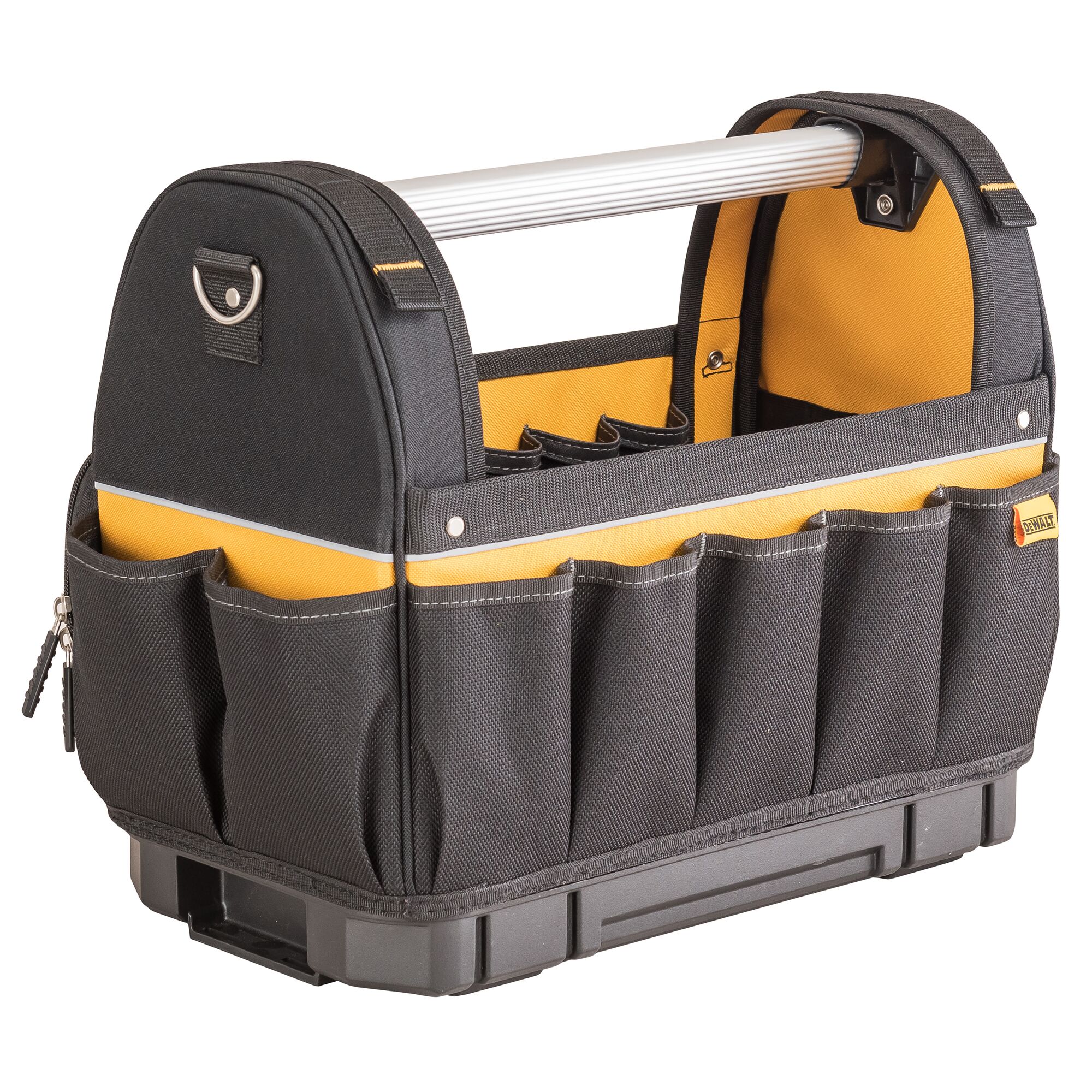 A DEWALT open-top tool bag with a sturdy metal handle, multiple exterior pockets, and a durable black and yellow fabric design. The base is reinforced and the bag is organized for easy access to tools.