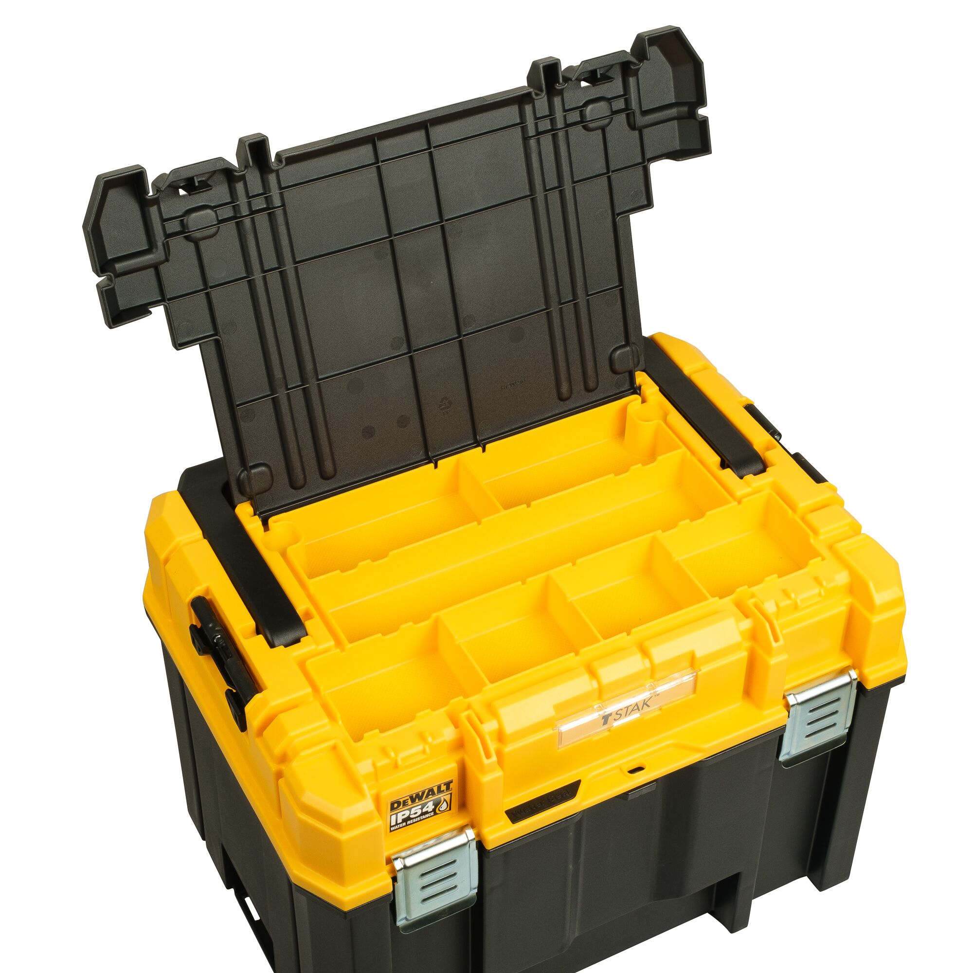 A DEWALT modular storage box with a yellow top and black body, featuring an open lid and multiple internal compartments for organizing tools or accessories.