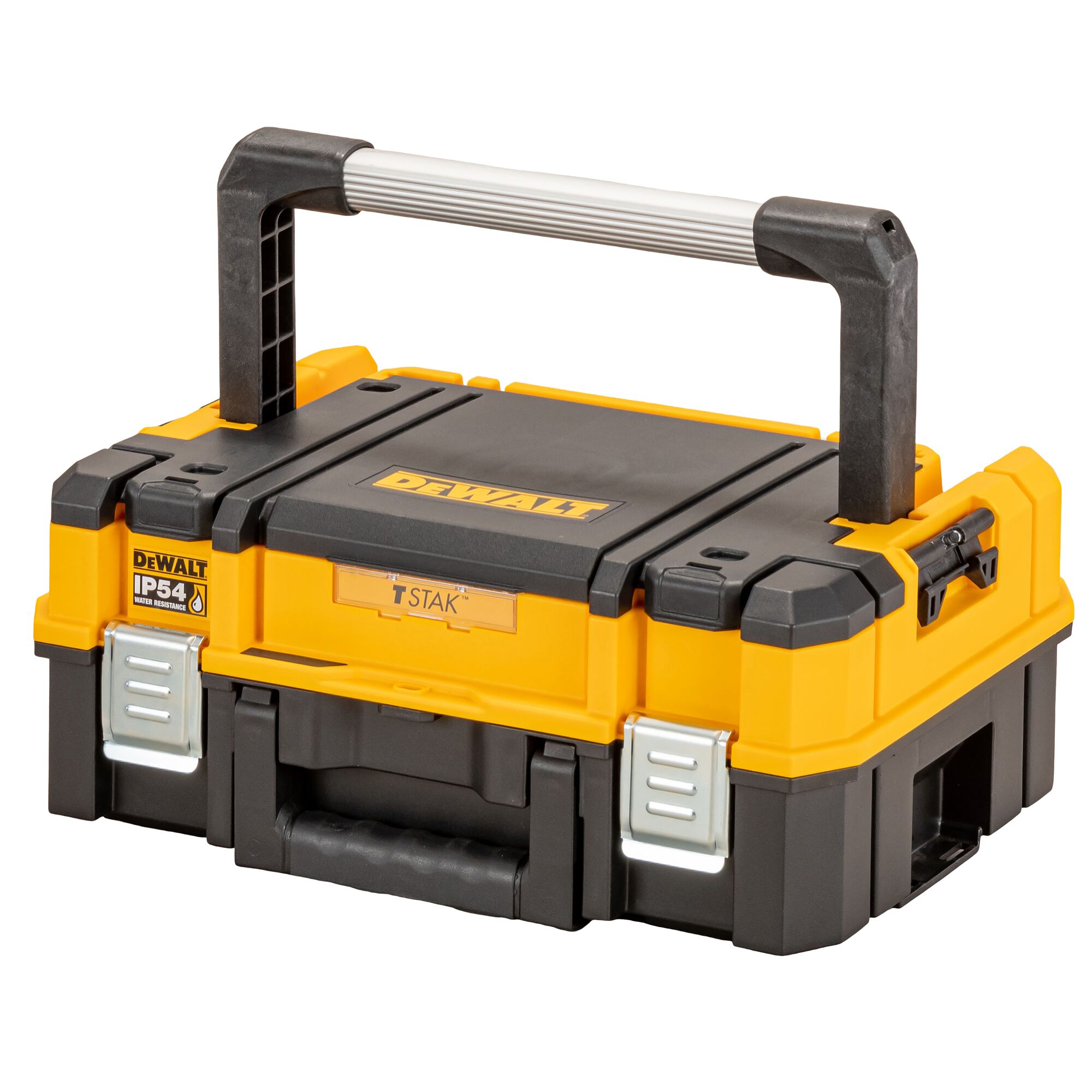 A DEWALT DWST83344-1 tool box, yellow and black, with a large handle, metal latches, and IP54 water resistance rating.