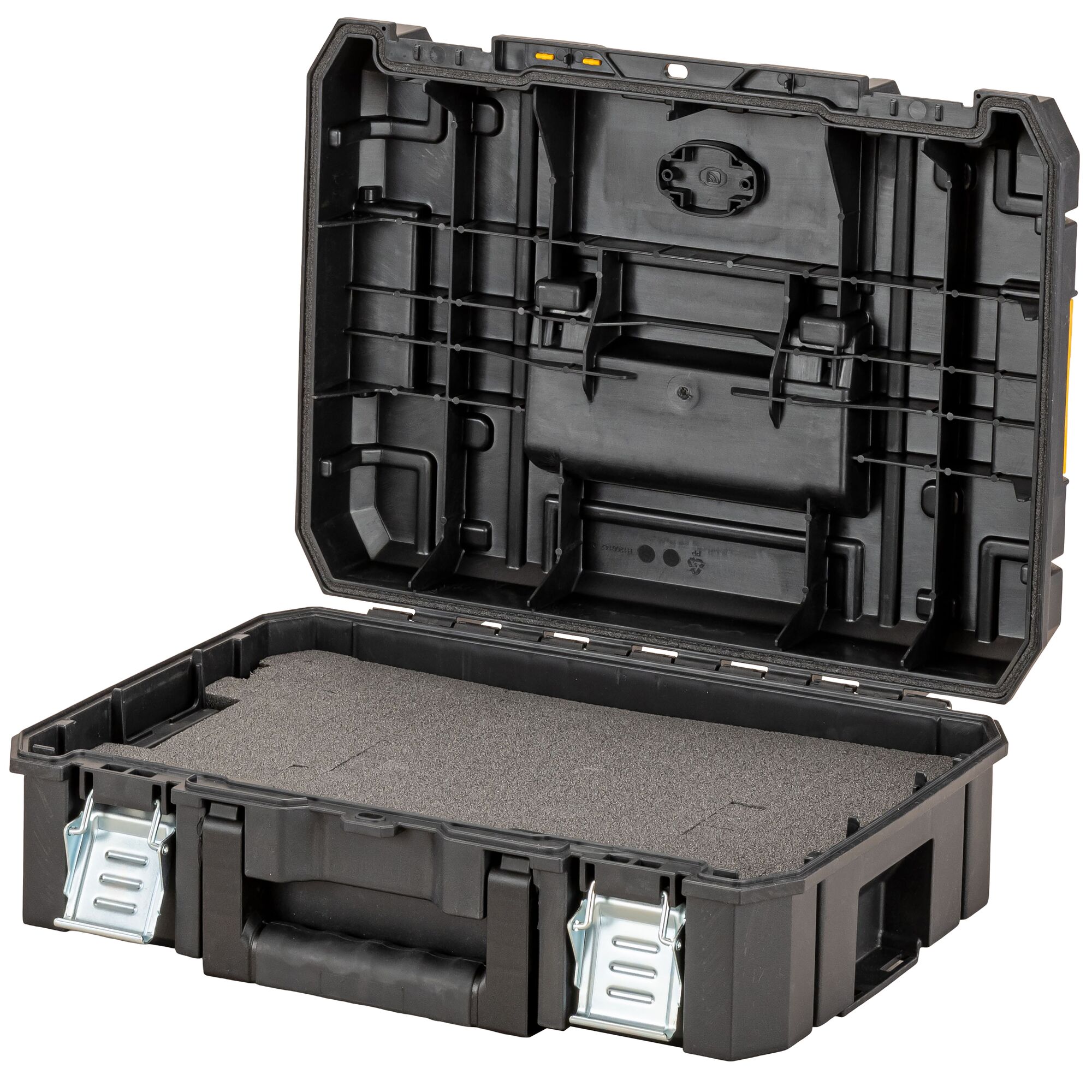 A DEWALT black plastic storage case with foam padding inside and metal latches, shown open.