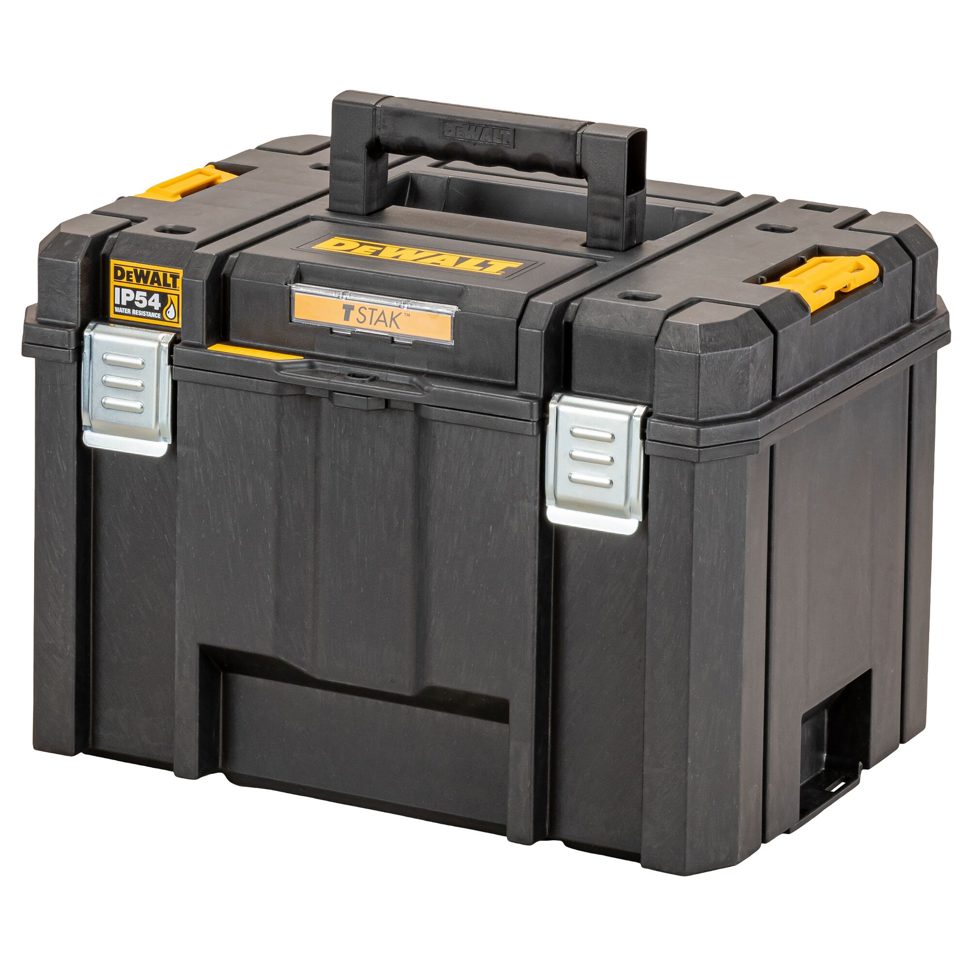 Black DEWALT TSTAK storage box with handle, metal latches, and IP54 water resistance label.