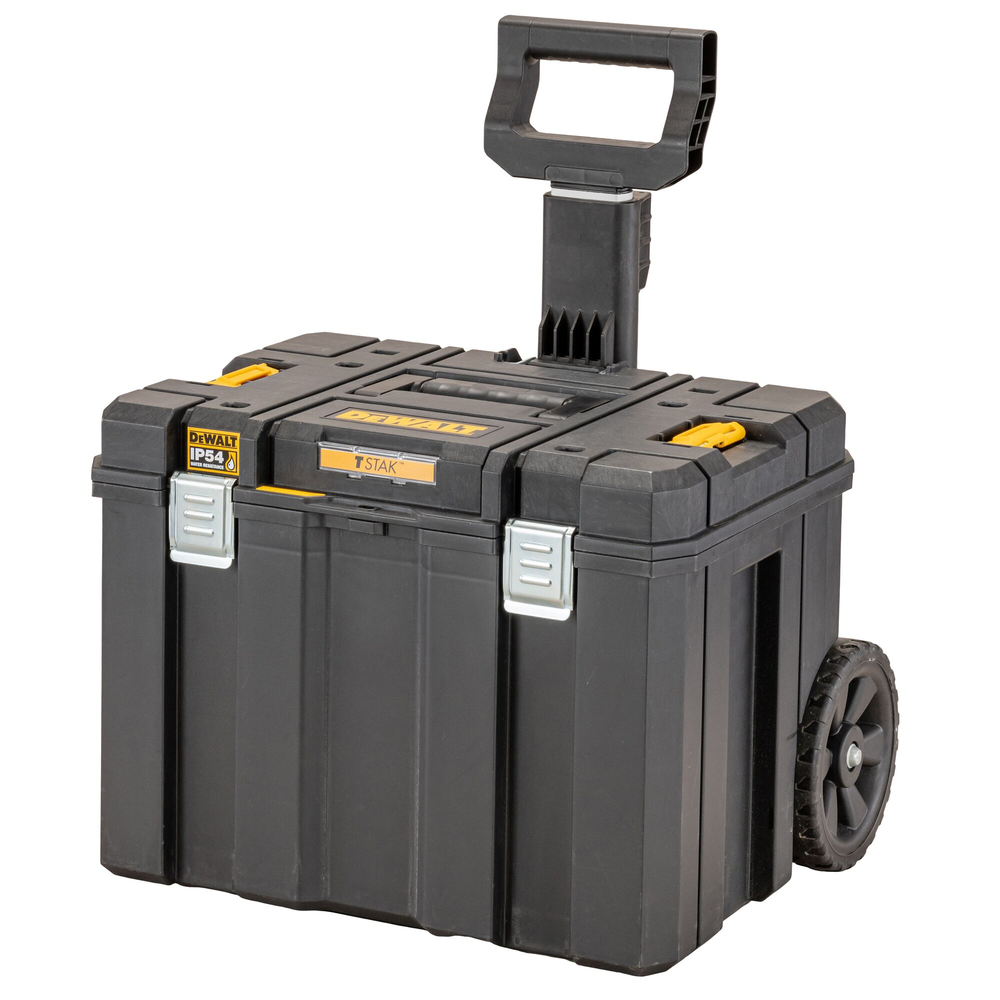 A DEWALT black wheeled toolbox with a retractable handle, labeled TSTAK IP54, designed for durable storage and transport of tools.