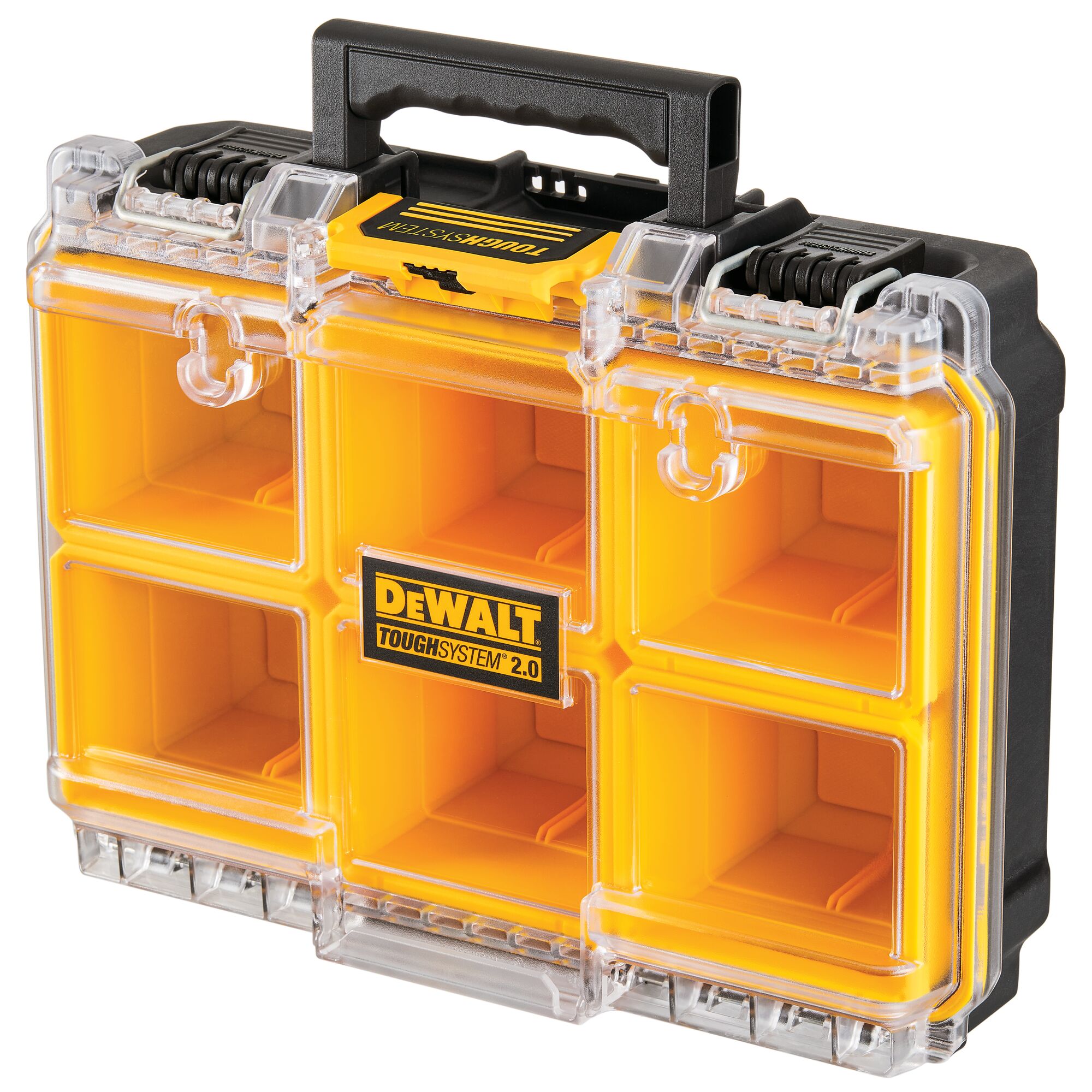 A DEWALT ToughSystem 2.0 portable organizer with six yellow compartments, a transparent lid, and a black handle on top.