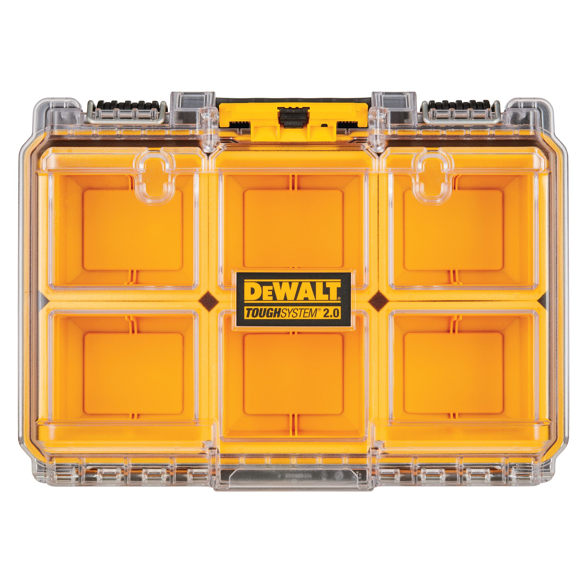 Front view of a DEWALT ToughSystem 2.0 organizer with a transparent lid and six yellow storage compartments.
