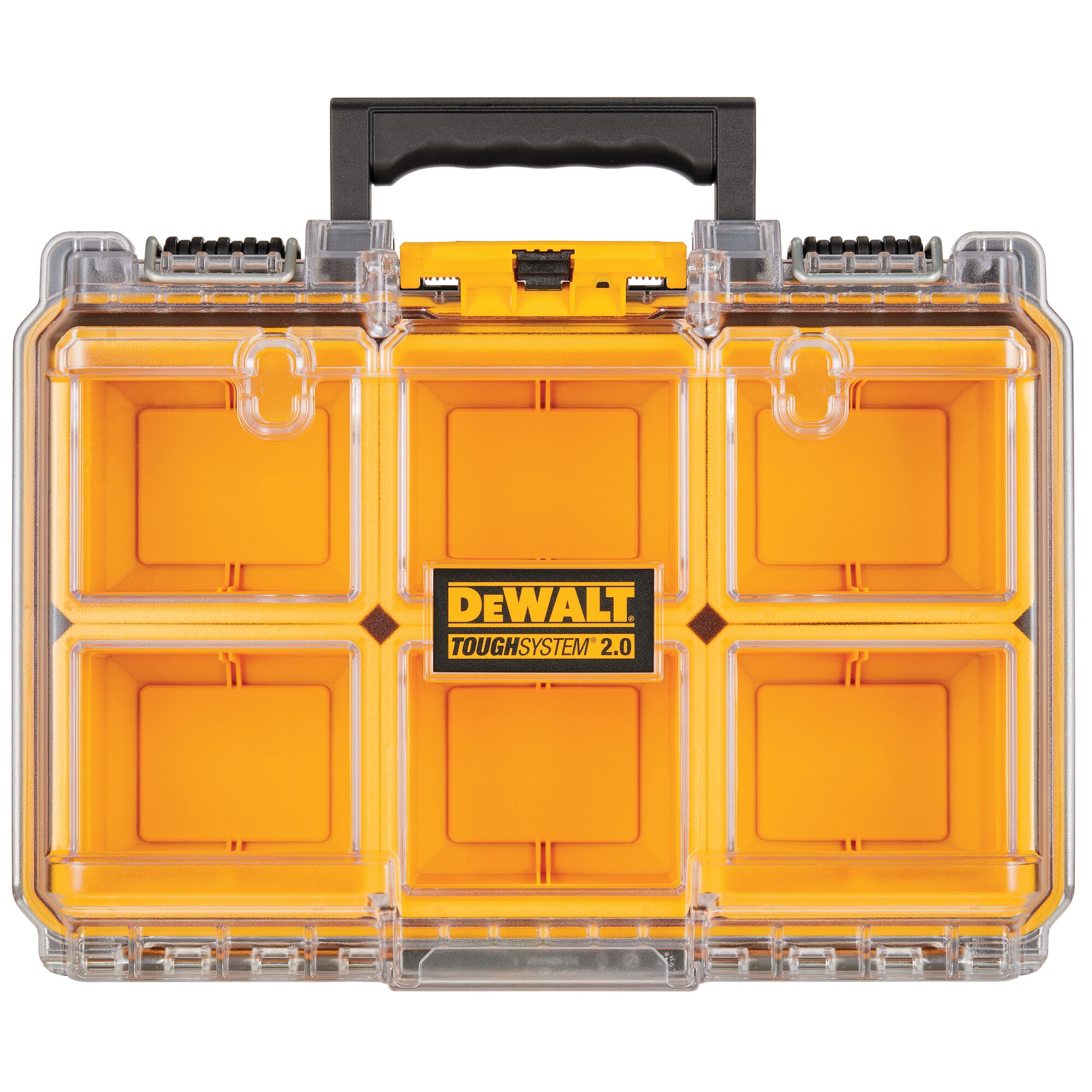 Front view of a DEWALT ToughSystem 2.0 organizer box with a black handle. The organizer has six yellow compartments with clear lids, and features the DEWALT logo in the center.