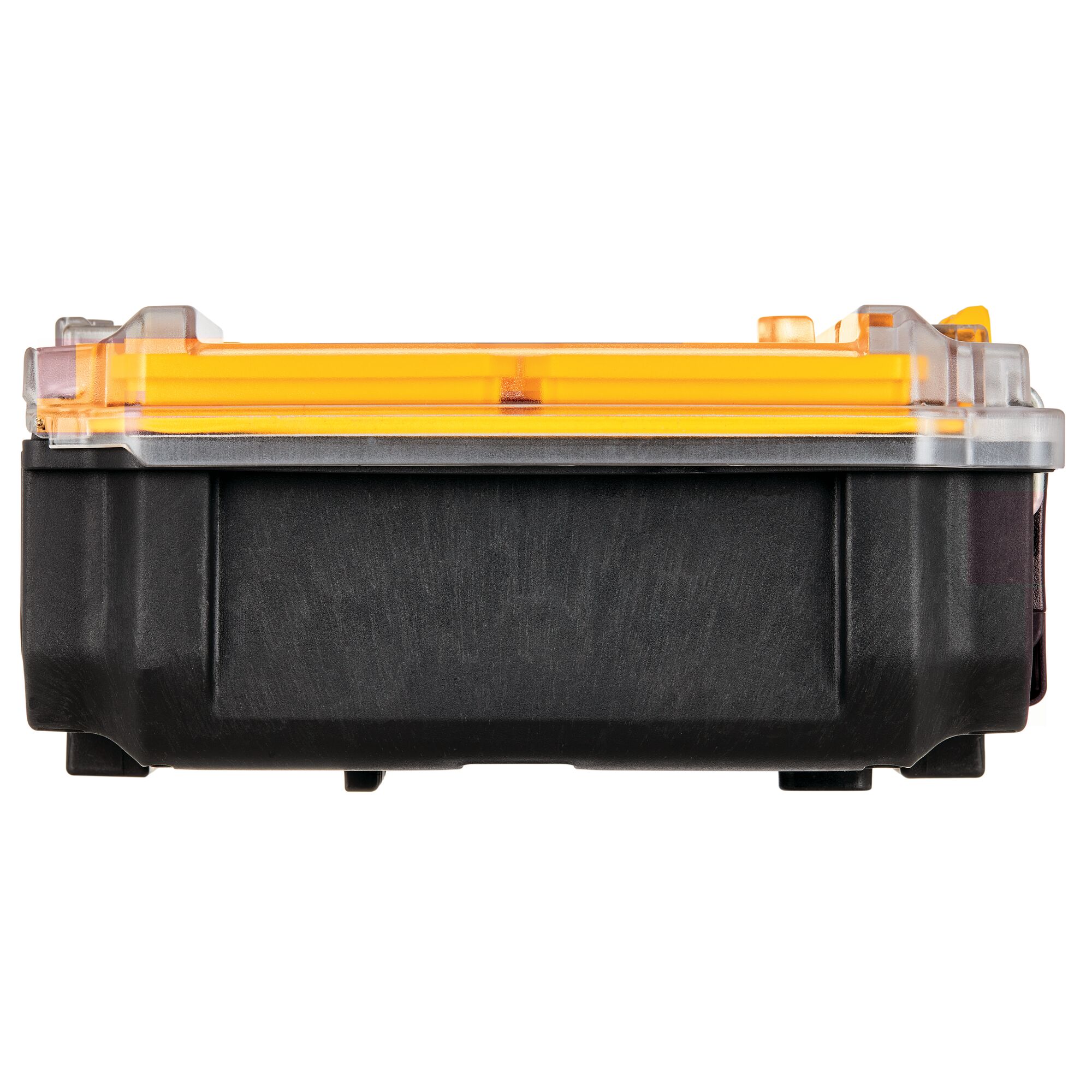 Front view of a DEWALT DWST83392-1 black storage case with a transparent lid and yellow accents.