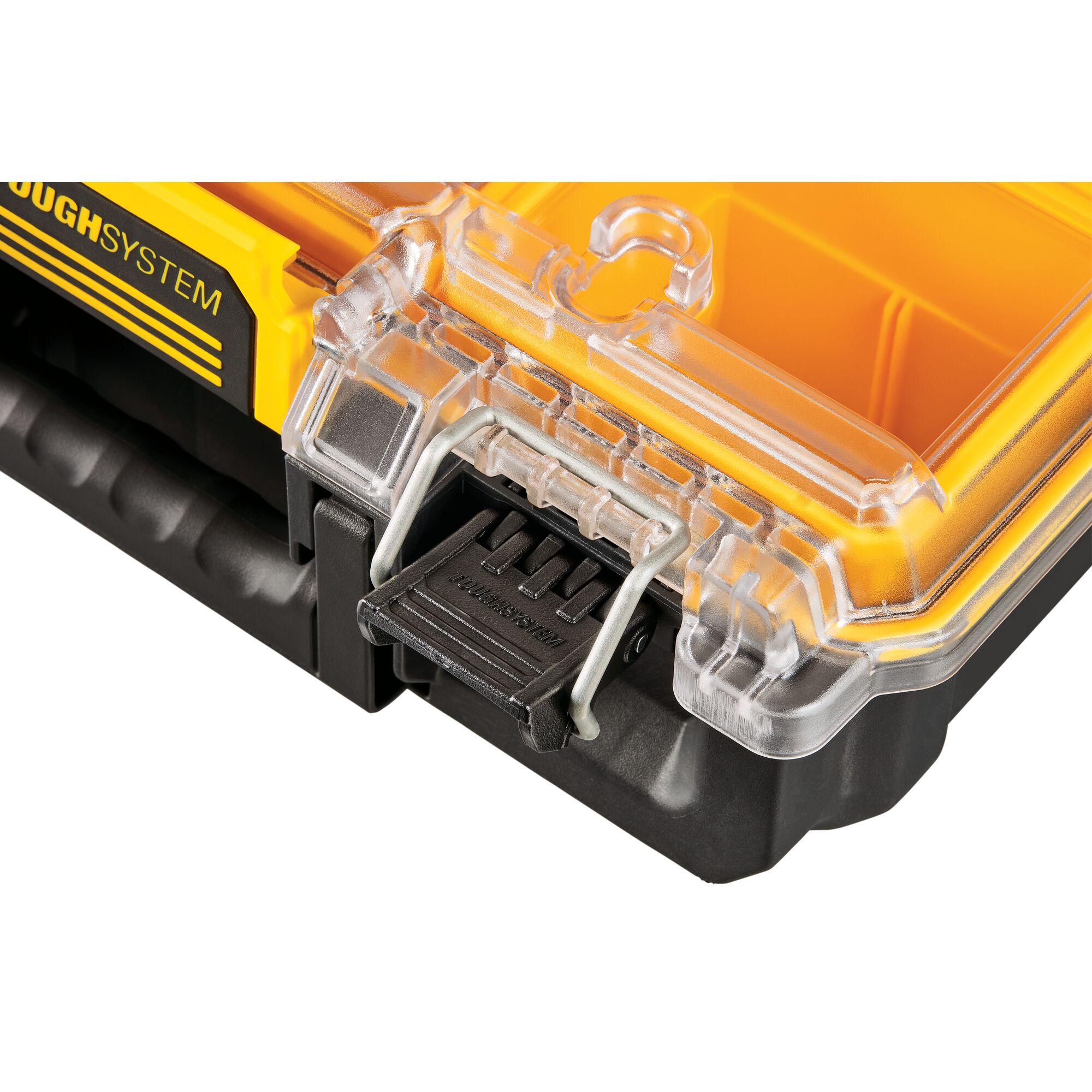 Close-up of a DEWALT ToughSystem organizer, showing the transparent plastic lid, yellow internal compartments, and a sturdy black latch.