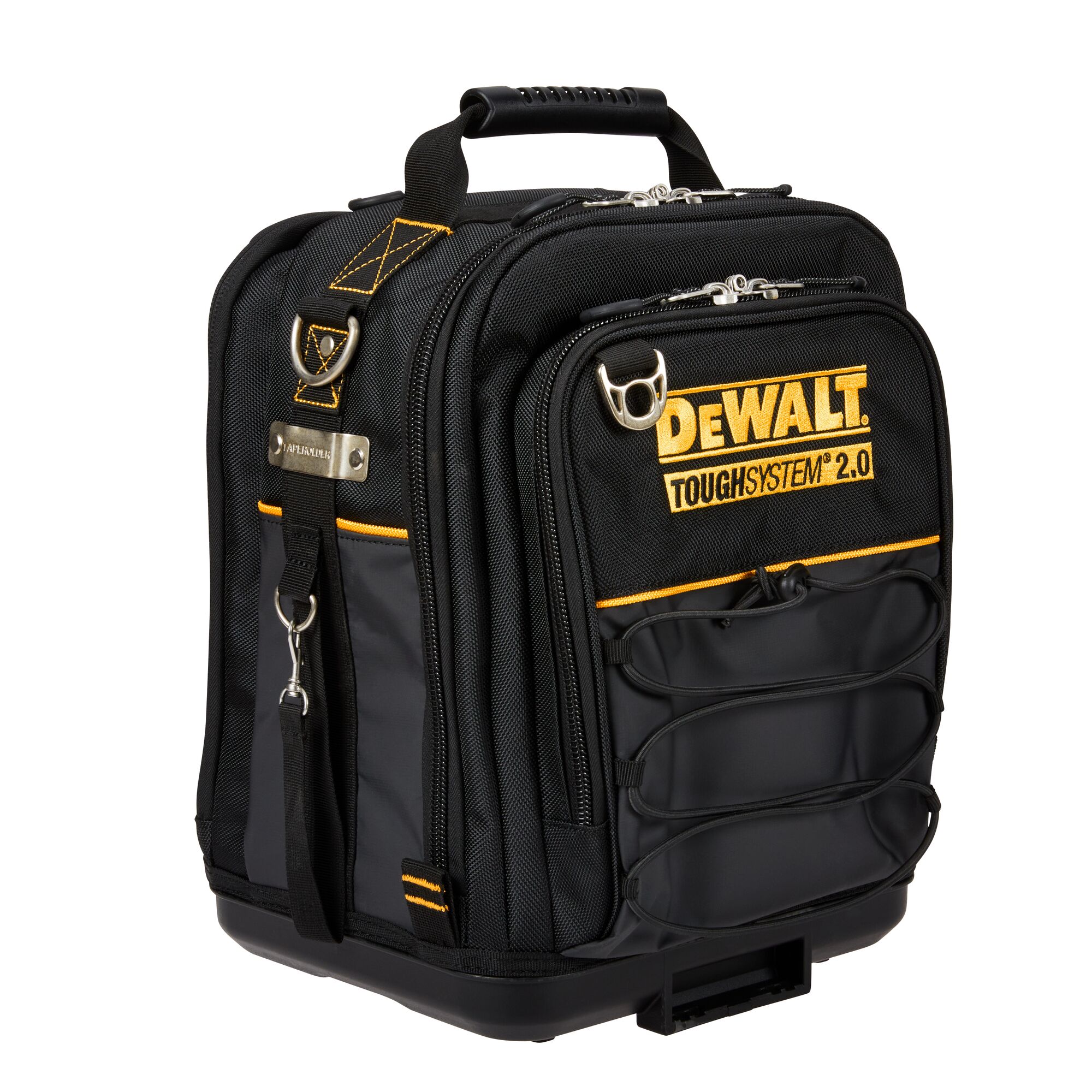 A black DEWALT ToughSystem 2.0 backpack with multiple compartments, zippers, straps, and a padded carrying handle, designed for durable storage and transportation.
