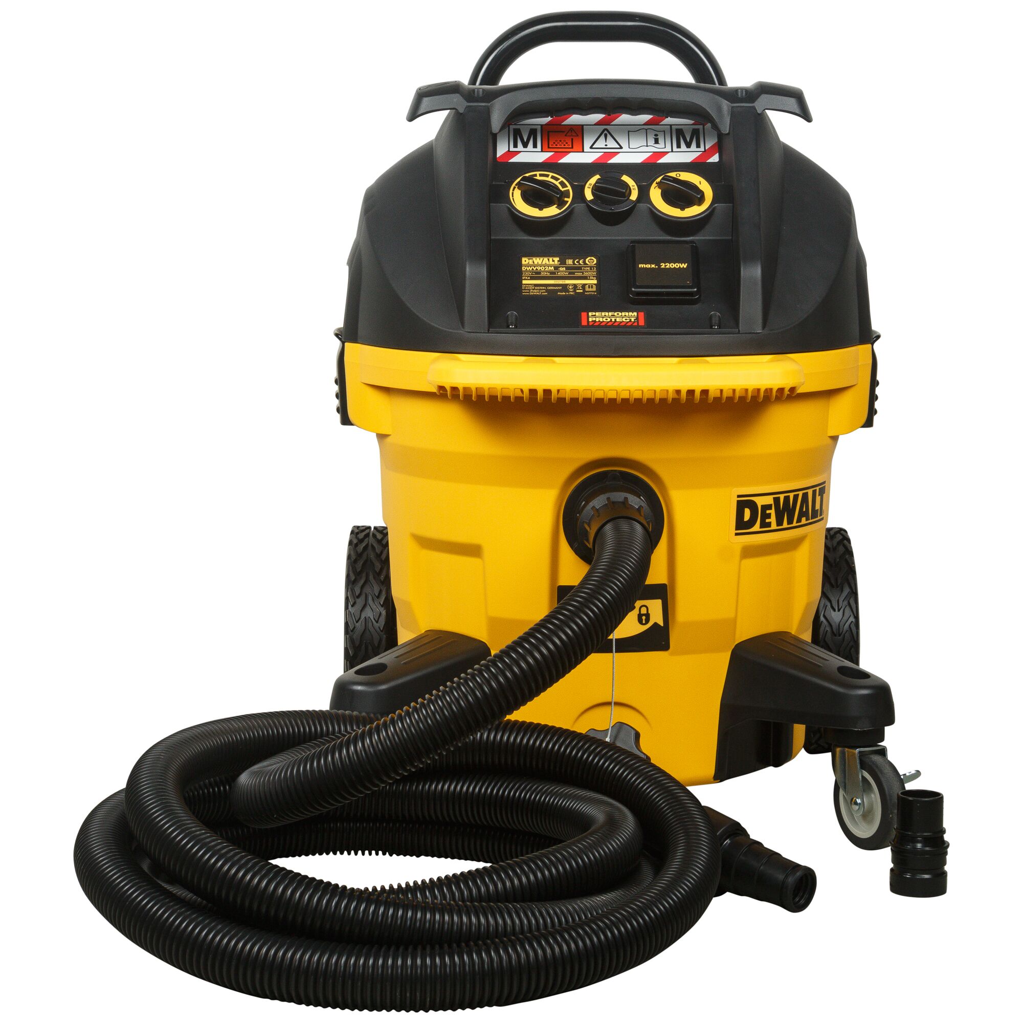 A DEWALT industrial vacuum cleaner with a yellow and black body, large wheels, control panel, and a long black hose coiled in front. The product is shown with attachments and labeled controls.