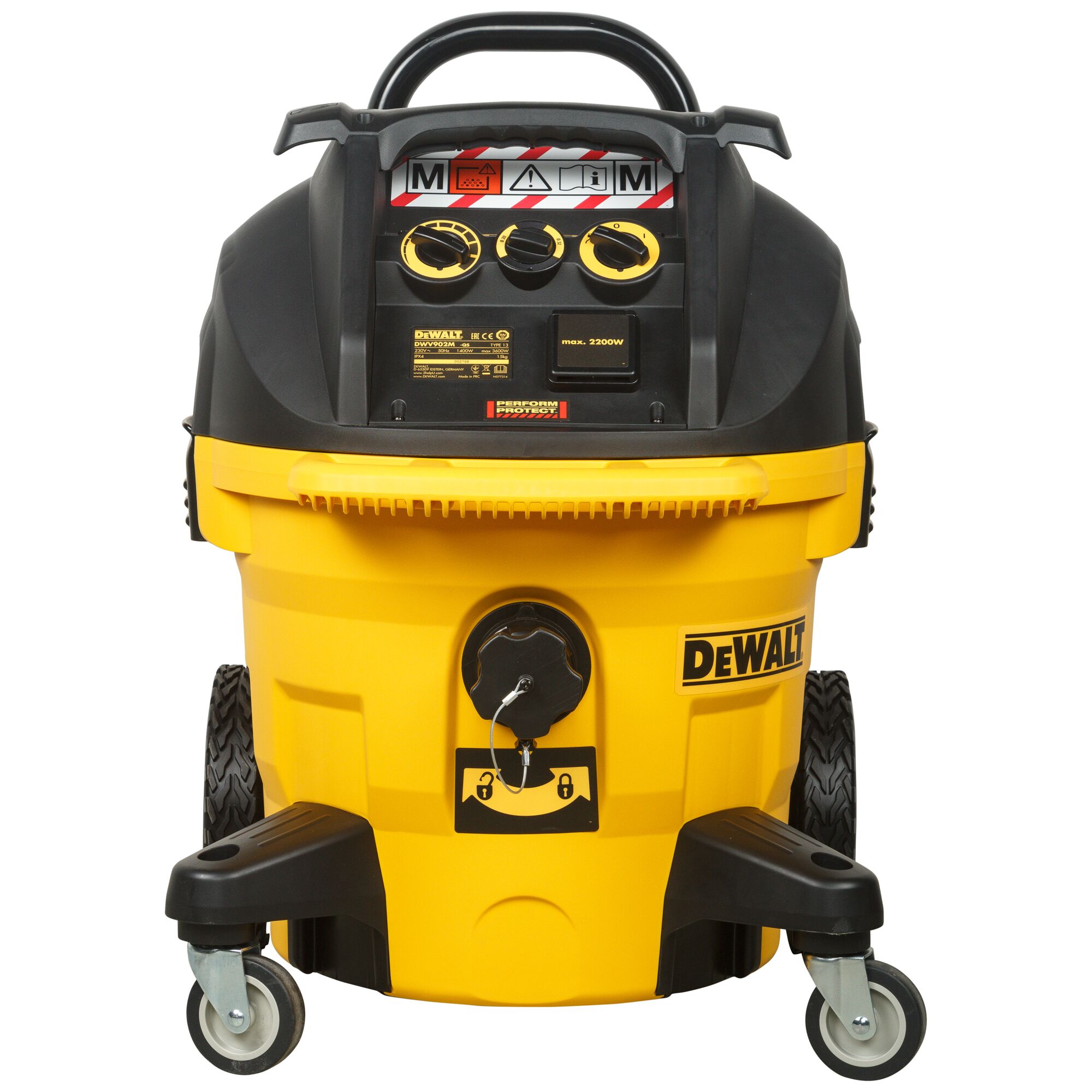 Front view of a DEWALT DWV902M-QS industrial vacuum cleaner in yellow and black with wheels and control dials, designed for dust extraction and workshop use.