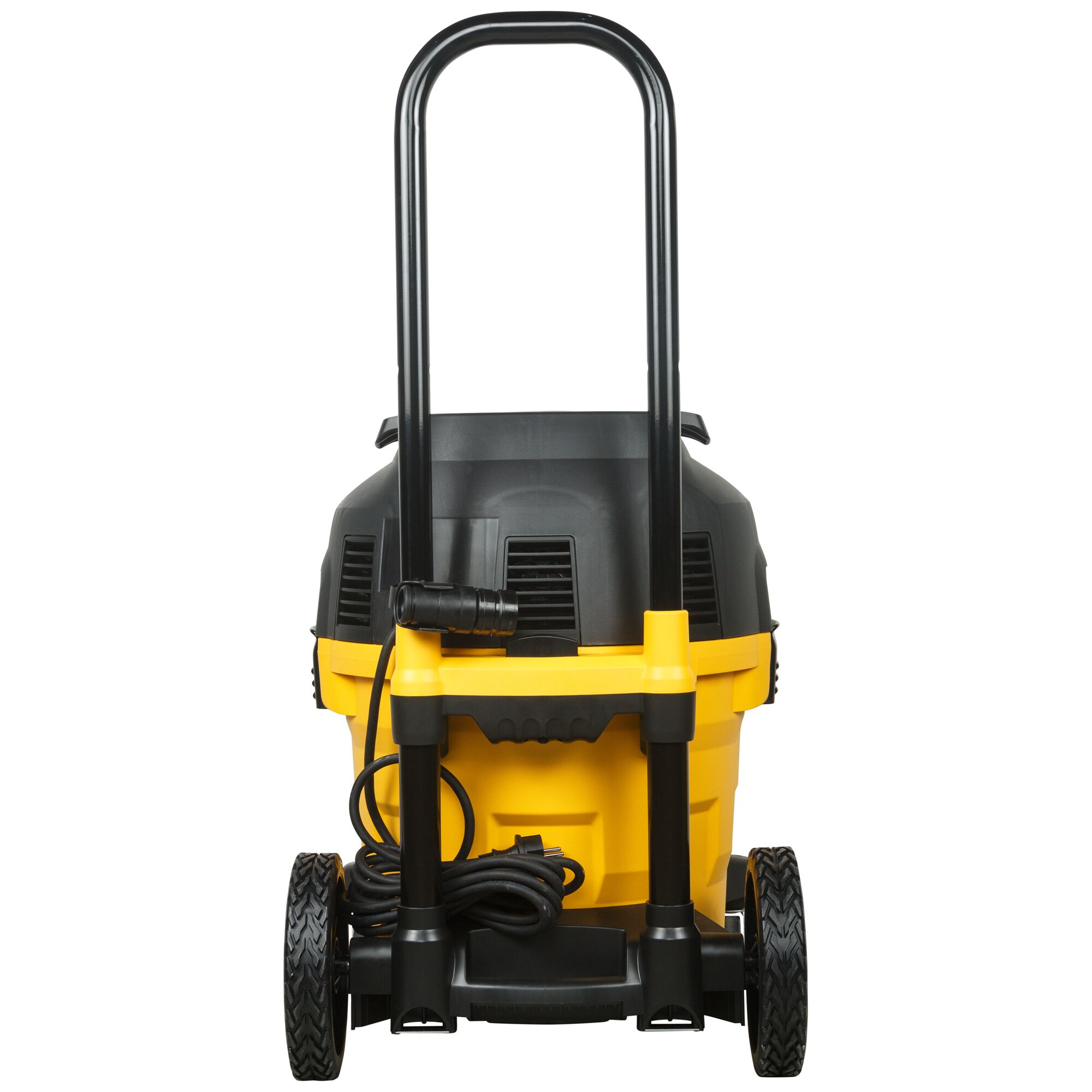 Rear view of a DEWALT DWV902M-QS industrial vacuum cleaner with a yellow and black body, large wheels, a handle, and a coiled power cord.