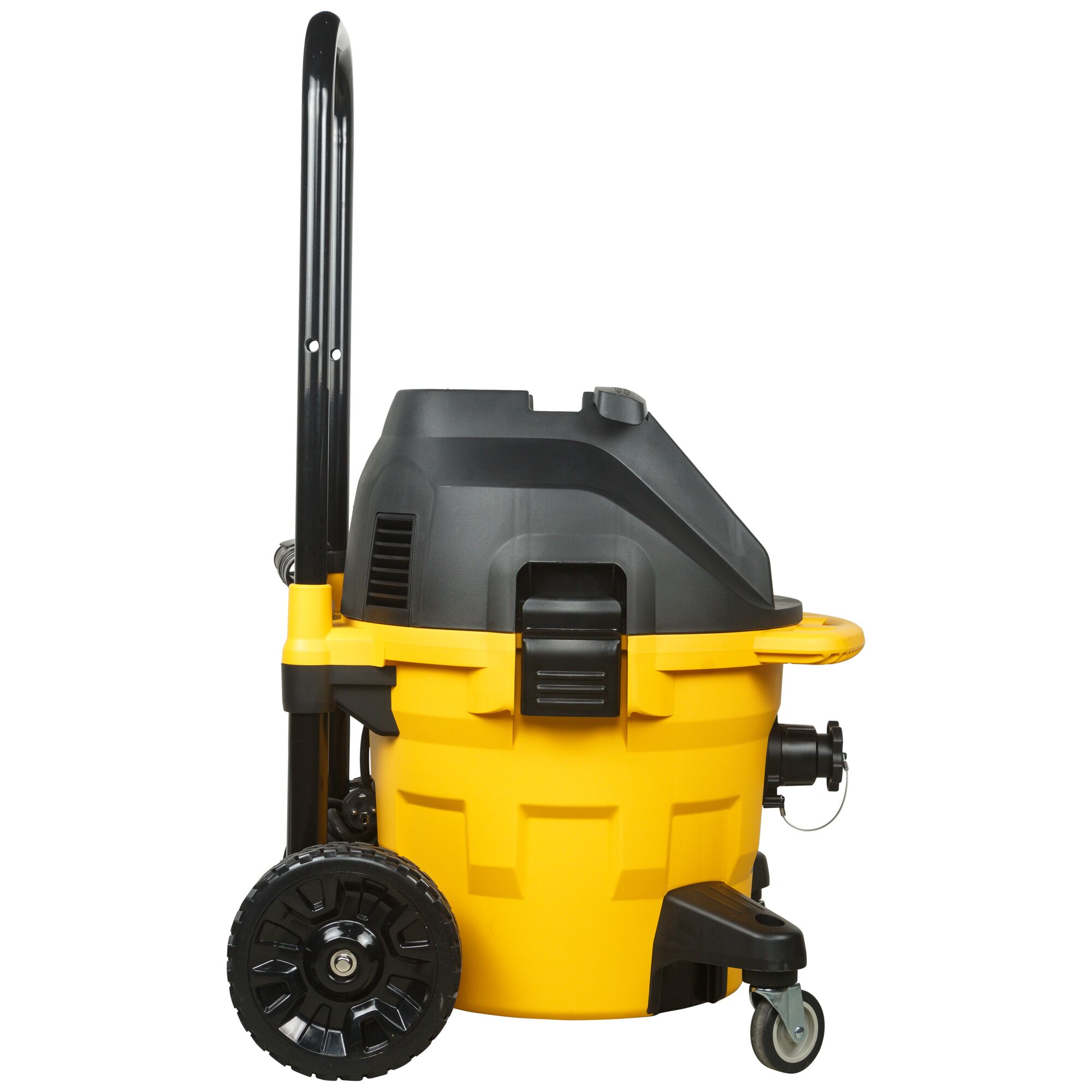 A DEWALT DWV902M-QS industrial wet and dry vacuum cleaner with a yellow and black body, large wheels, and a sturdy handle, designed for heavy-duty cleaning tasks.