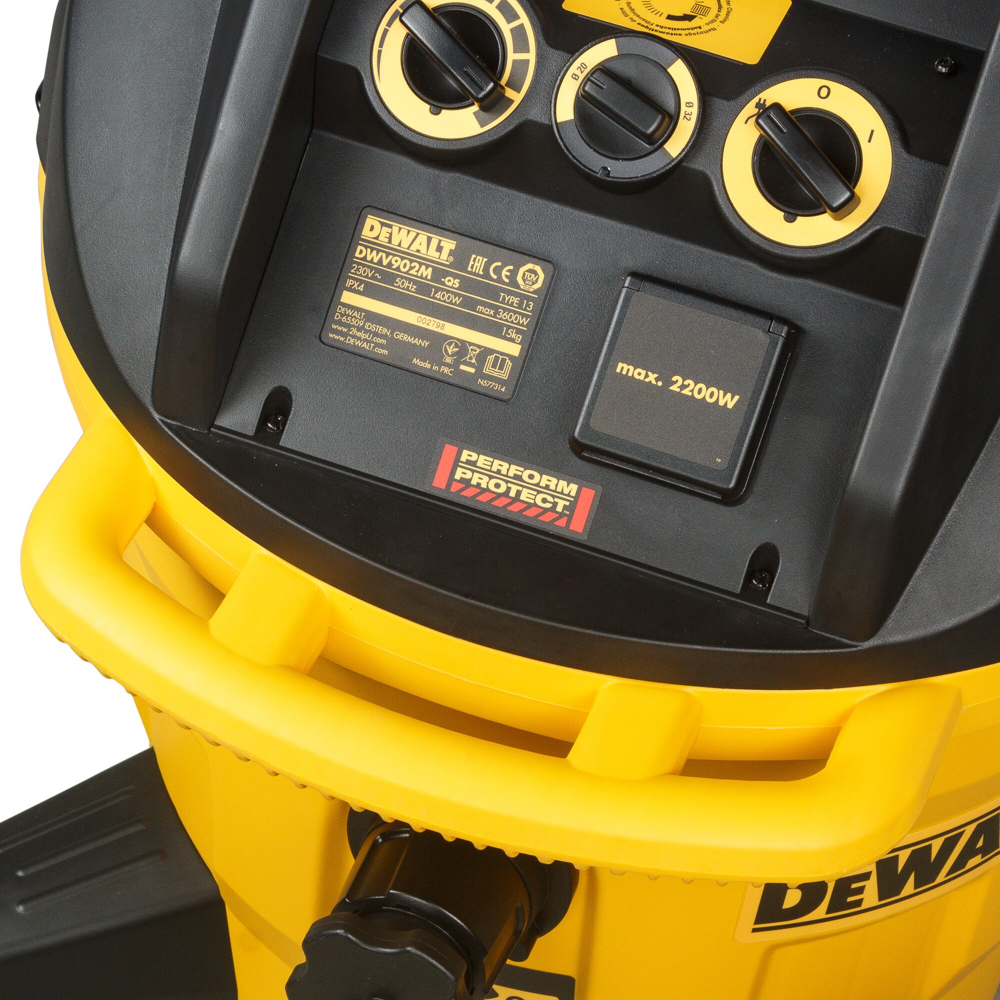 Close-up of a DEWALT DWV902M-QS industrial vacuum cleaner control panel, showing power settings, labels, and a yellow and black color scheme.