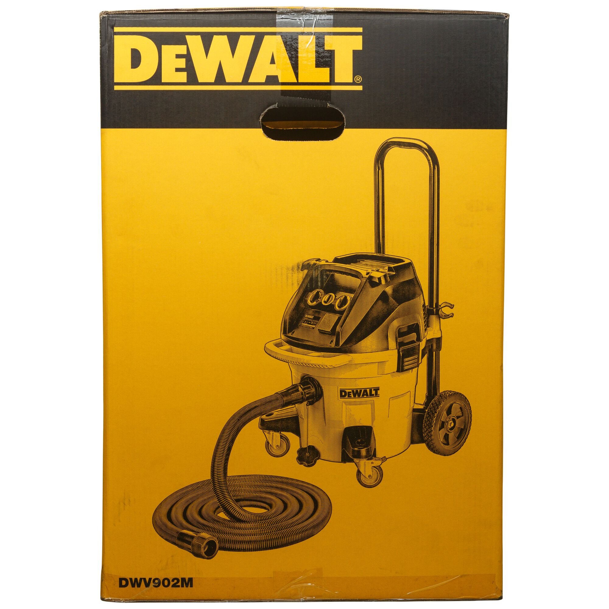 Packaging box of a DEWALT DWV902M wet/dry vacuum cleaner, featuring a large vacuum unit with wheels, handle, and hose on a yellow background.