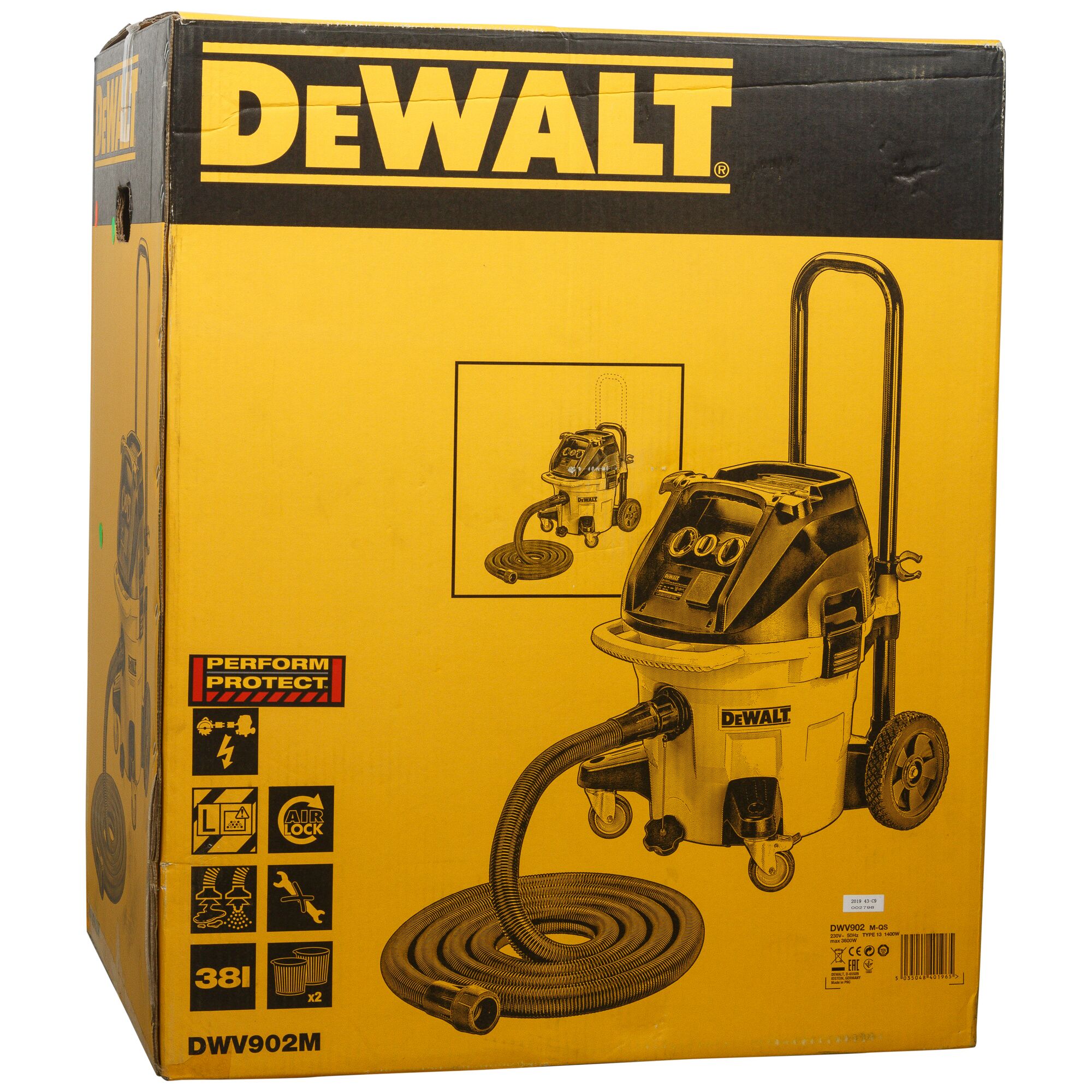 Yellow and black DEWALT branded cardboard box for DWV902M vacuum cleaner. The packaging features a large image and illustration of the vacuum, product model, various icons detailing features, and technical information such as capacity and certifications.