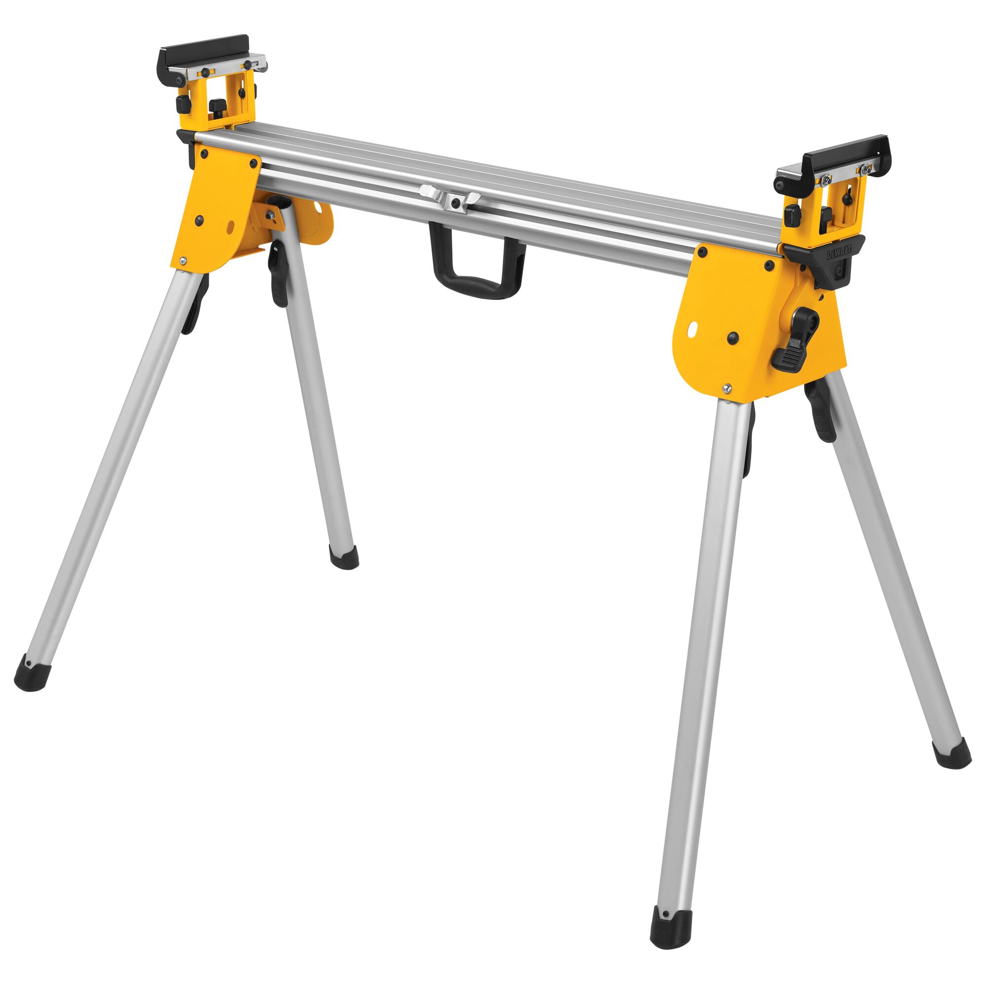 A portable DEWALT miter saw stand with foldable aluminum legs and yellow brackets, suitable for supporting saws and workpieces.