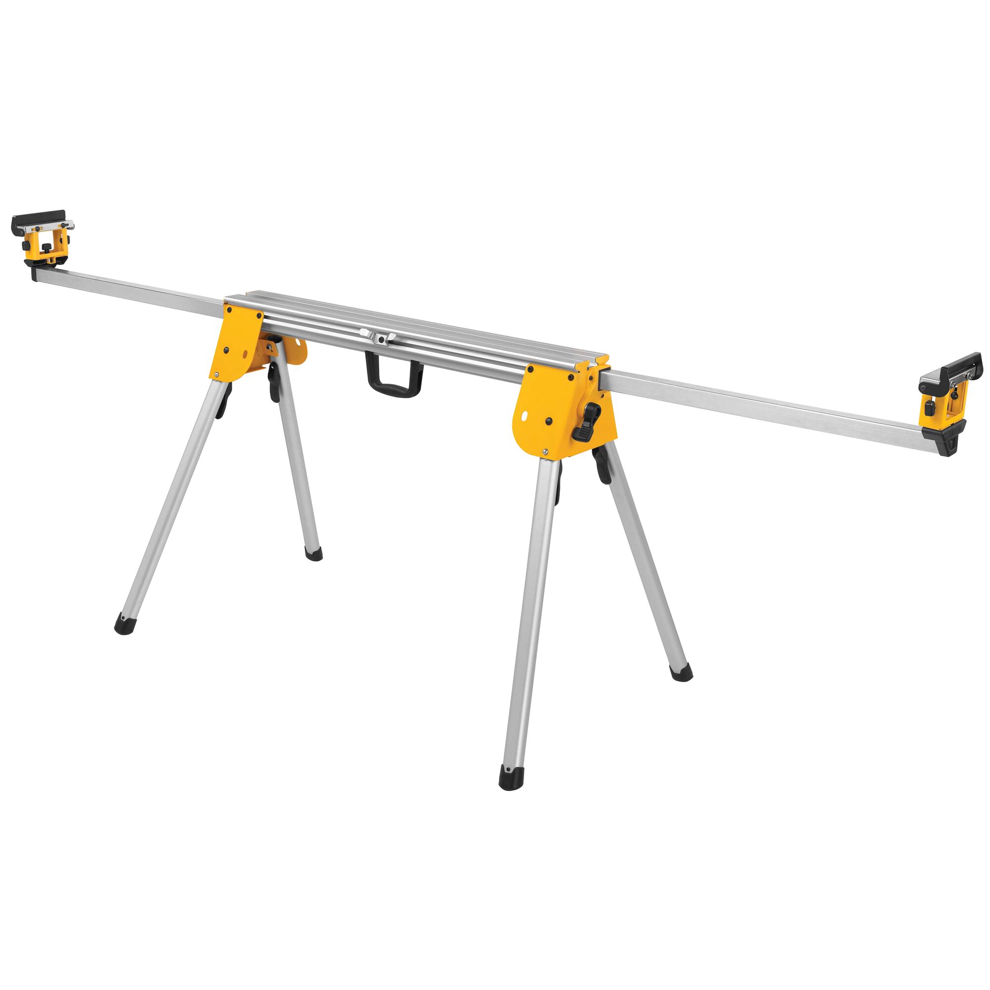 A DEWALT DWX724 portable and adjustable aluminum stand with yellow brackets, designed for supporting miter saws or other tools, featuring folding legs and a carrying handle.