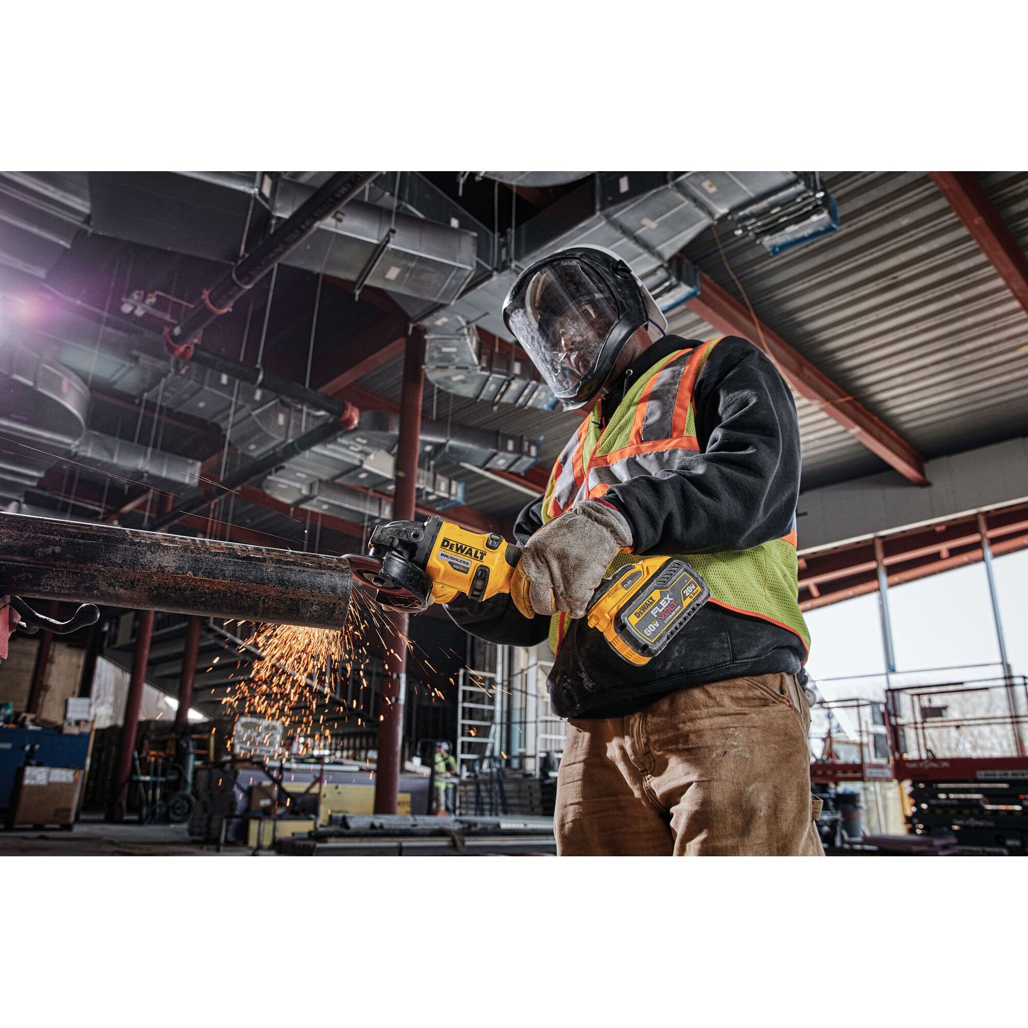 20 Volt to 60 Volt 9 AMP hours Lithium-Ion Battery-powered Polishing Tool being used by a construction worker to polish a metal rod at a construction site