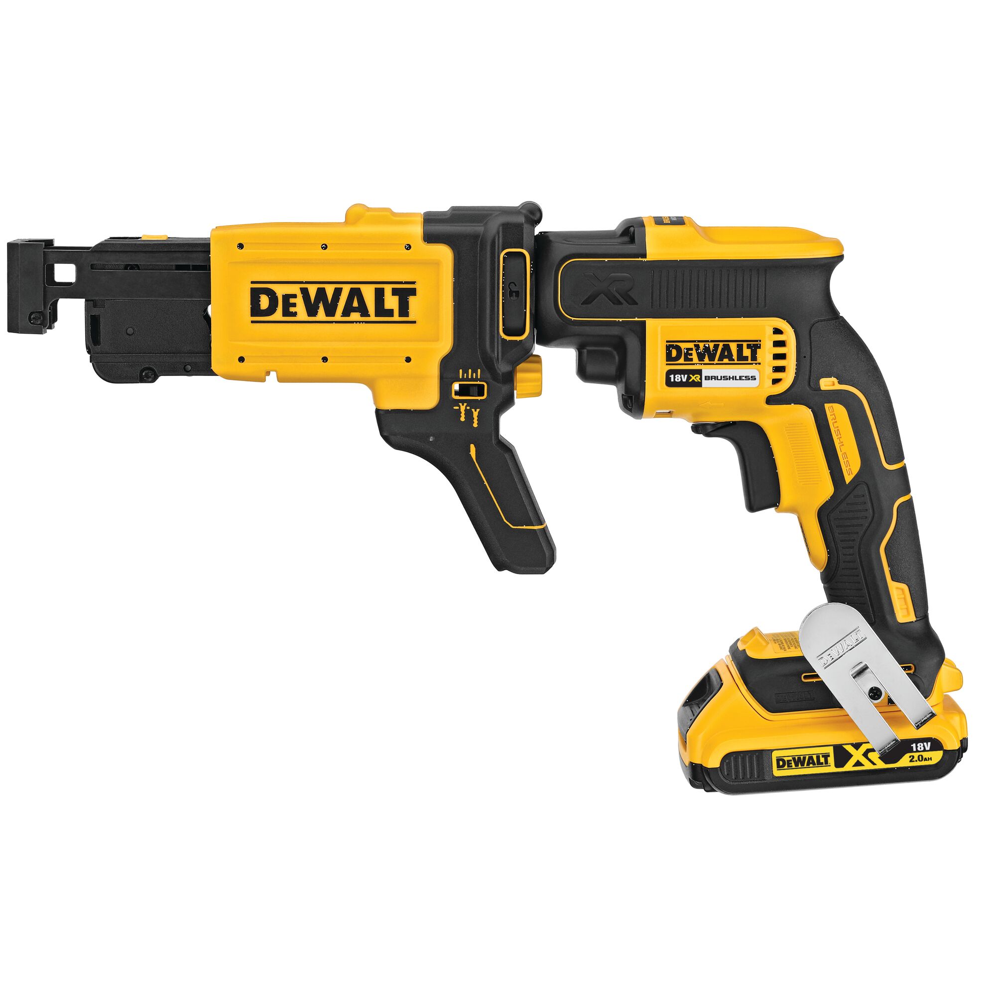 Collated drywall screw gun attachment featuring screw gun.