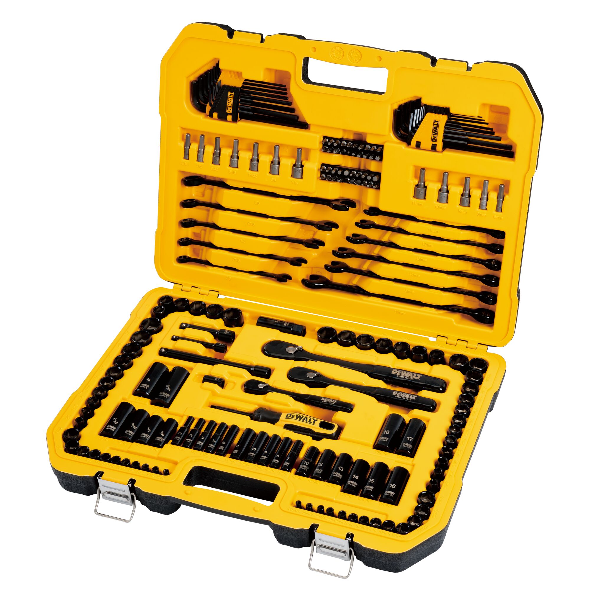 DEWALT 184 piece black chrome mechanics tool set assembled in its case.