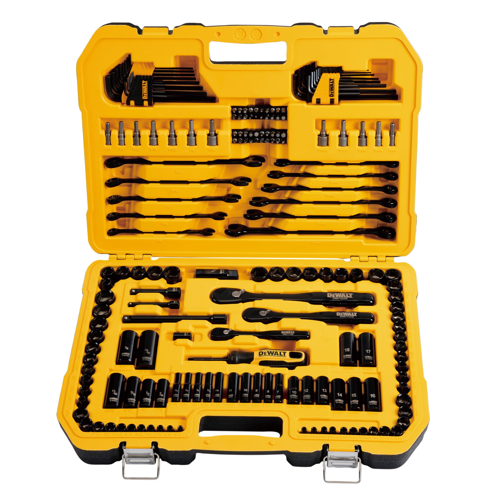 DEWALT 184 piece black chrome mechanics tool set assembled in its case.